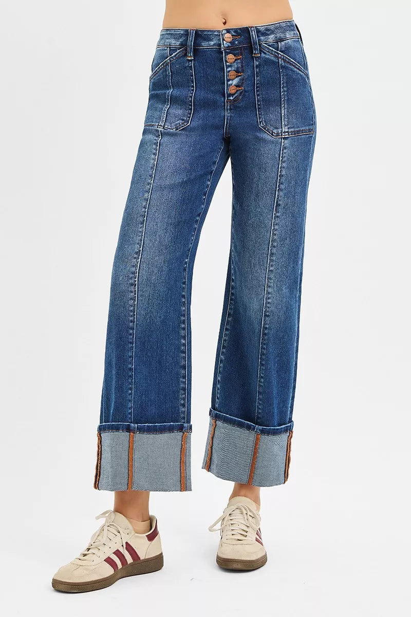 RISEN Full Size High Rise Crop Wide Straight Cuffed Jeans Plus Size