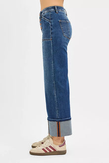 RISEN Full Size High Rise Crop Wide Straight Cuffed Jeans Plus Size