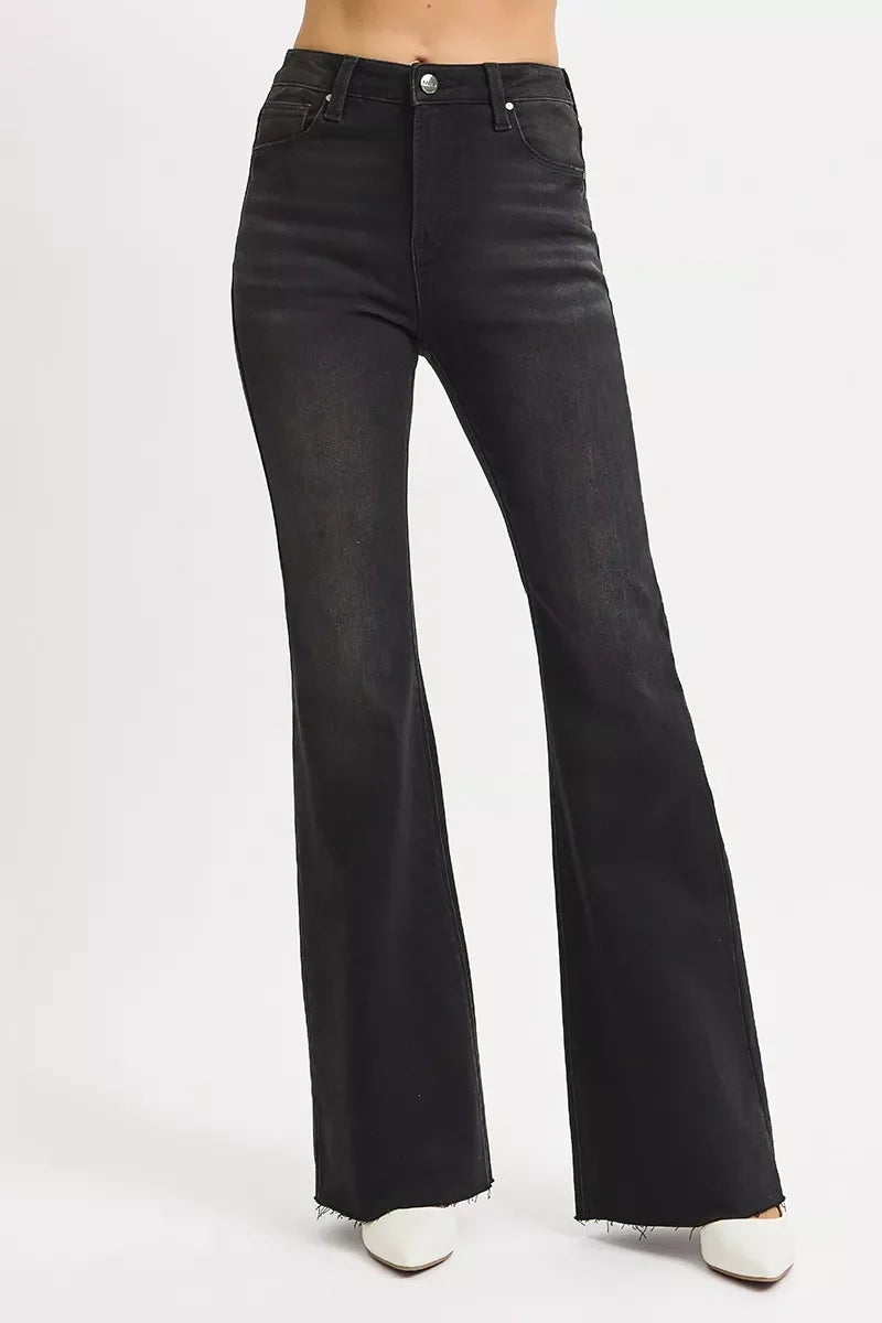 RISEN Full Size High Rise Flare Raw Cut Hem Jeans Plus Size