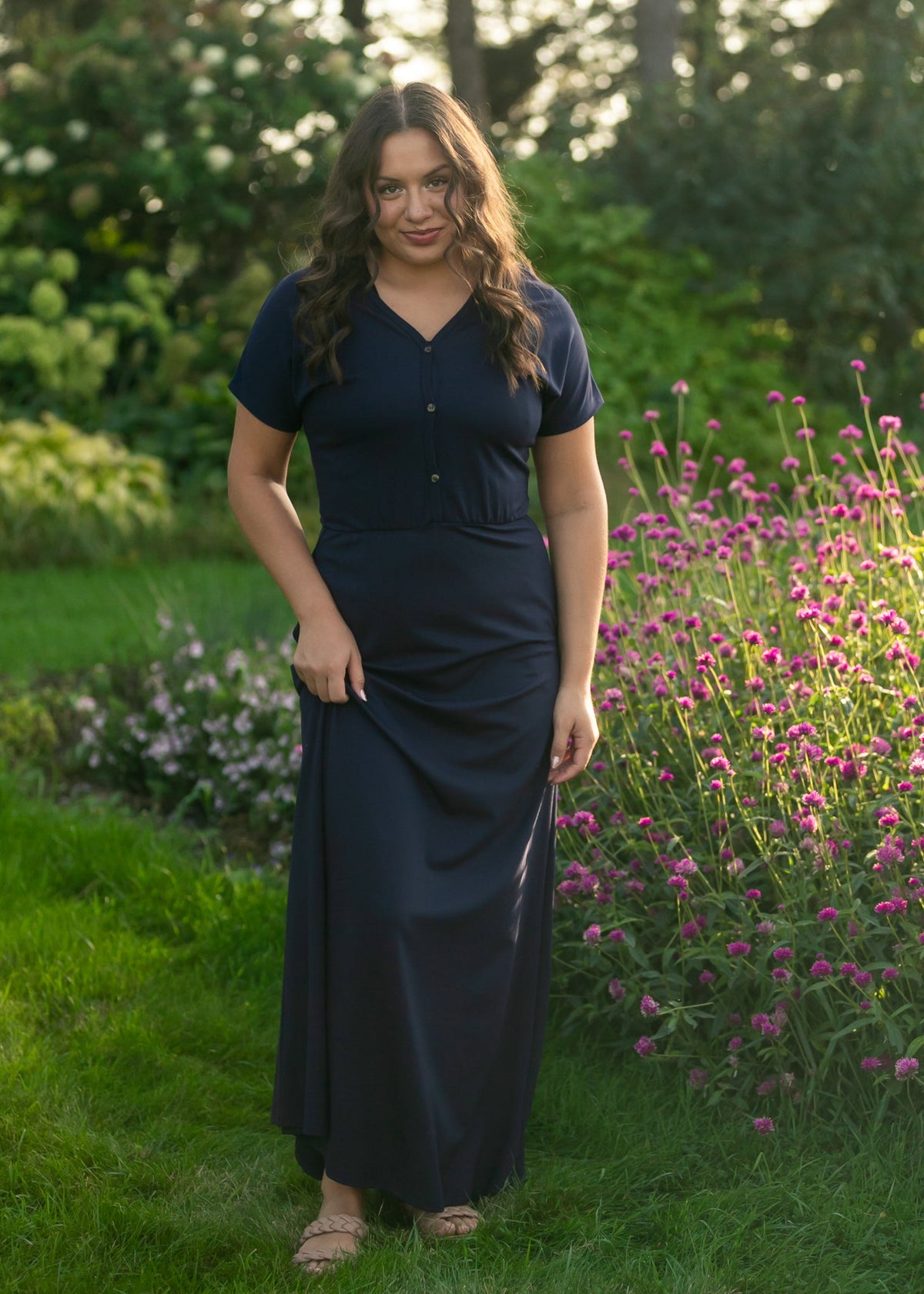 Ella Navy Cinched-Waist Maxi Dress