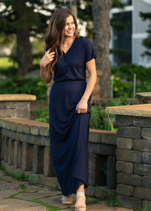 Ella Navy Cinched-Waist Maxi Dress