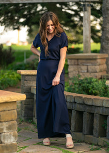 Ella Navy Cinched-Waist Maxi Dress