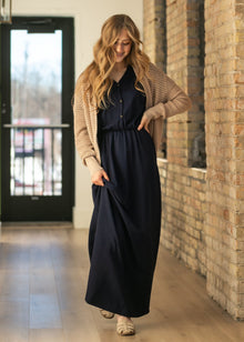 Ella Navy Cinched-Waist Maxi Dress