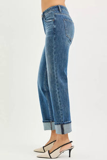 RISEN Full Size 4 Way Stretch Slouchy Straight Jeans with Cuffed Hem Plus Size